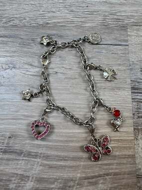 Vintage Y2K Barbie Silver Tone Charm Bracelet Butterfly Heart Rhinestone Cute